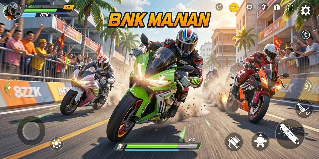 Tangkapan layar yang menampilkan aksi balapan motor yang mendebarkan di 8ZK.