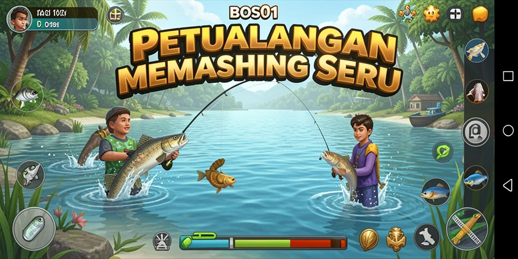 Tangkapan ikan terbesar dalam gameplay BOS01 dengan latar belakang alam yang indah.