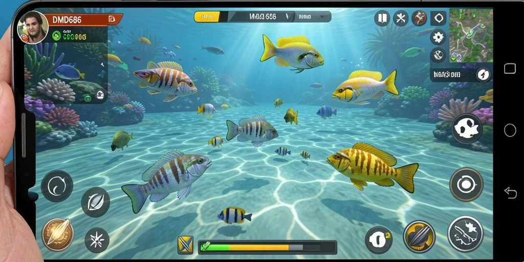 Tampilan gameplay DMD686 saat menembak ikan-ikan berwarna-warni.
