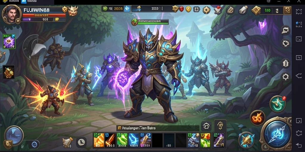 Screenshot gameplay FUJIWIN88 menampilkan aksi pertempuran epik dan eksplorasi dunia fantastis.