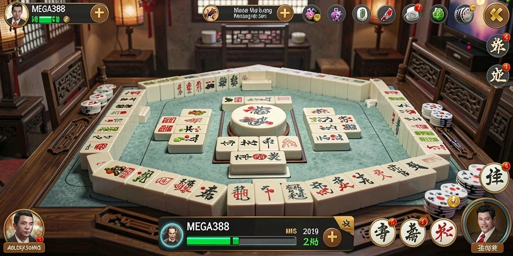 Tampilan gameplay seru MEGA388 dengan ubin Mahjong berwarna-warni.