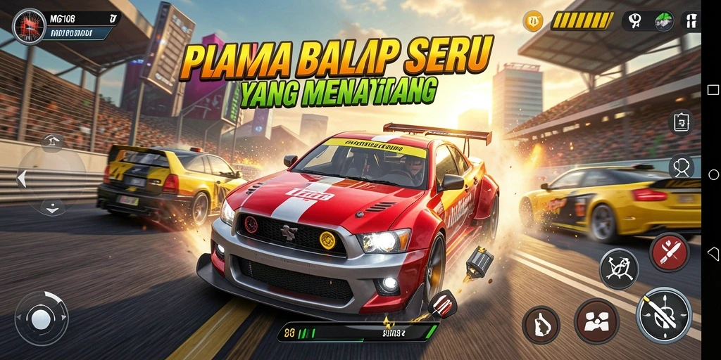 Tampilan gameplay MG108 yang seru dan mendebarkan di lintasan balap.