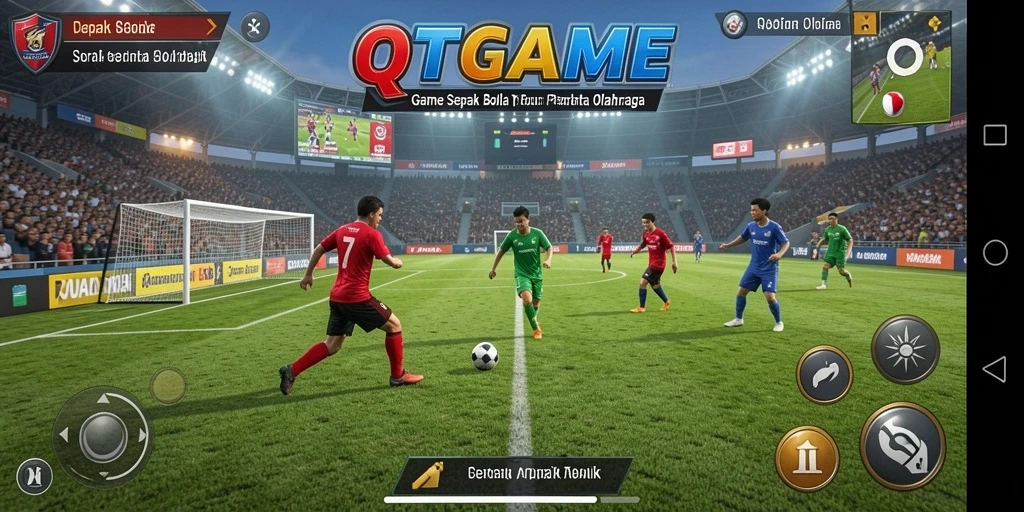 Gameplay QTGAME yang dinamis dan mendebarkan dalam pertandingan sepak bola.