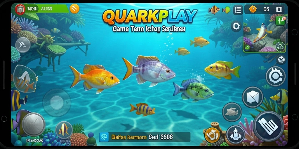 Screenshot gameplay QUARKPLAY menampilkan aksi tembak ikan yang seru.