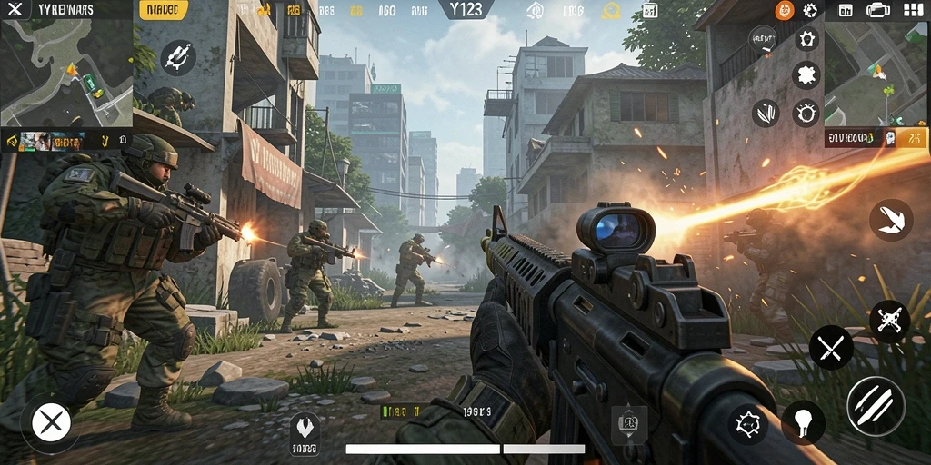 Screenshot utama YY123 menampilkan aksi seru dalam pertempuran FPS.