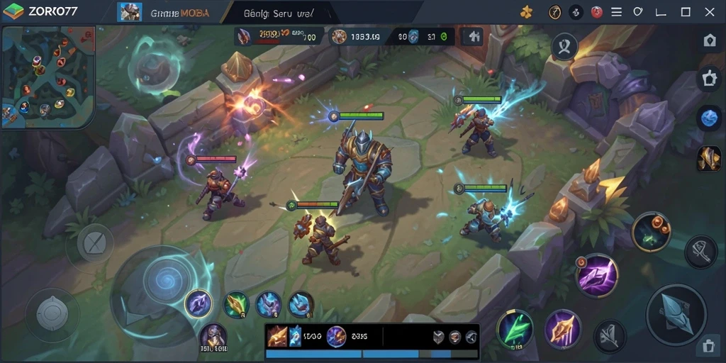 Tampilan gameplay seru dari ZORO77 dengan aksi MOBA yang mendebarkan.